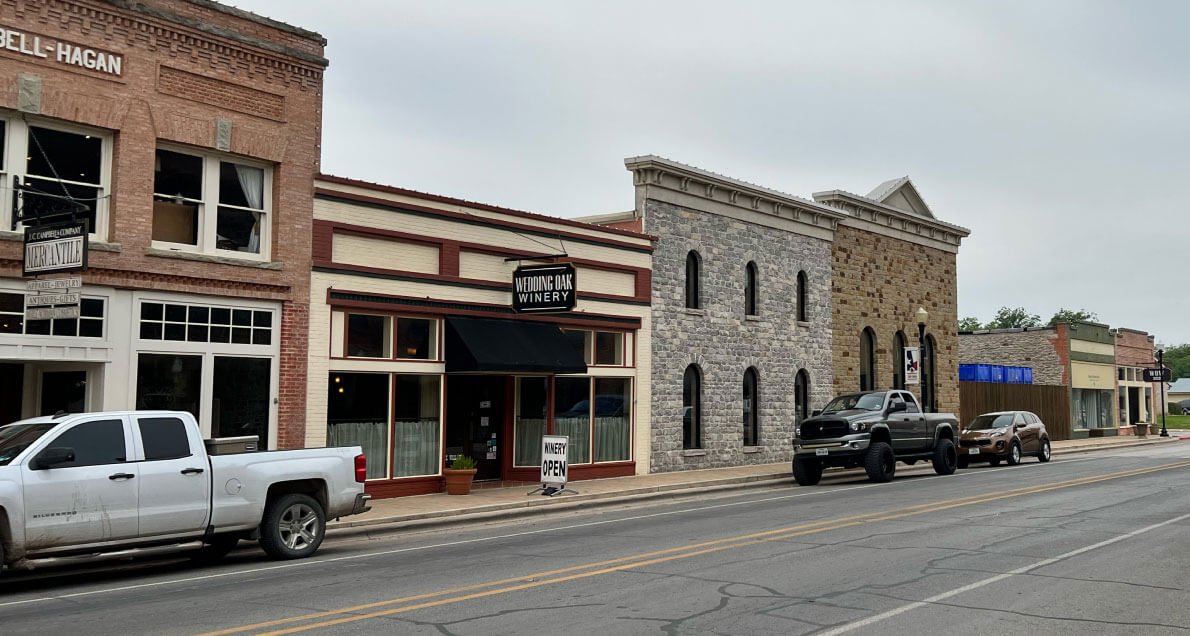 Downtown San Saba street with the winery among the historic storefronts